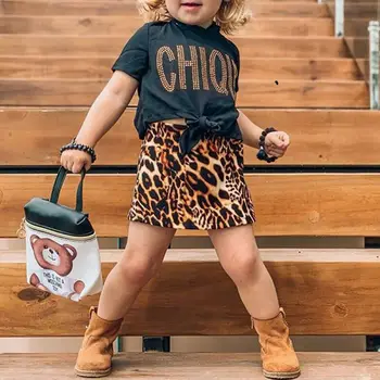 Leopard Toddler Kid Girls Baby Clothes Letnia Koszulka Z Krótkim Rękawem + Леопардовые Spódnice Stroje Kostiumy Dla Dzieci