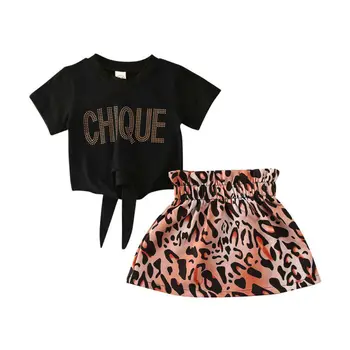 Leopard Toddler Kid Girls Baby Clothes Letnia Koszulka Z Krótkim Rękawem + Леопардовые Spódnice Stroje Kostiumy Dla Dzieci