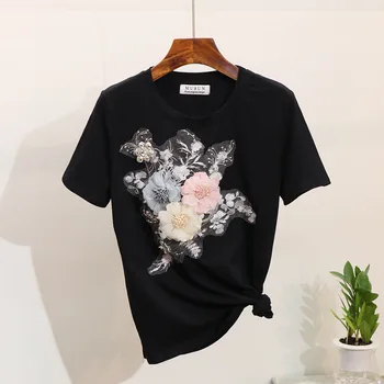 Letnia haft 3D kwiat z krótkim rękawem t-shirt+ciężka praca Jean Ripper otwór denim spodnie garnitur Kobiety 2 szt zestaw