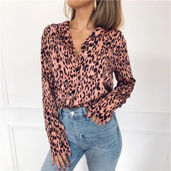 Letnia nowy moda damska V-neck sexy leopard print bluzka z długim rękawem luźna koszula top rozmiar S-3XL