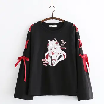 Letnia odzież damska Anime fox printed cross ribbon Women Lolita Girls' T-shirt harajuku spring Black Top skirt hoodies