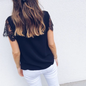 Letnie Kobiety Elegancki Wypoczynek Koronka Bluzka Damska Stylowa Moda Top V-Neck Kolor Biały Czarny Casual Shirt