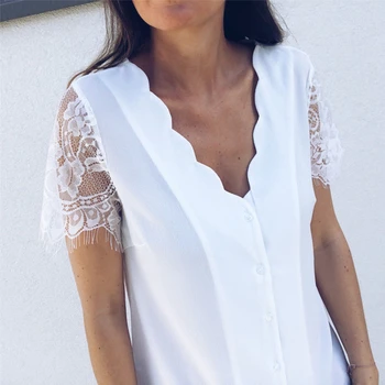 Letnie Kobiety Elegancki Wypoczynek Koronka Bluzka Damska Stylowa Moda Top V-Neck Kolor Biały Czarny Casual Shirt