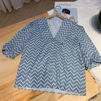 Letnie Koreański Kobiety Codzienne Drukowanie Geometryczna Przekładany Rękaw Peter Pan Kołnierz Szyfonowa Bluzka Vintage Damskie Bluzki Koszule Blusas Mujer