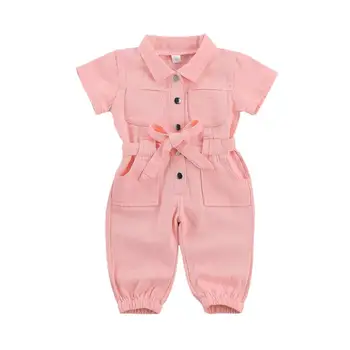 Letnie nowe dziewczyny różowy dżinsowy kombinezon z krótkim rękawem pas syjamskie spodnie modne legginsy spodnie klapy odzież Dziecięca