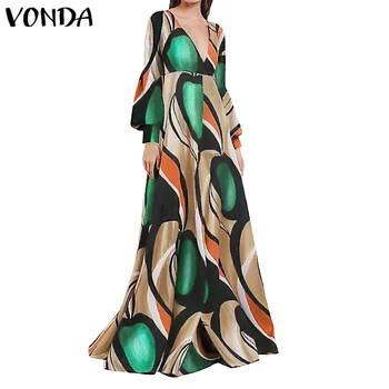 Letnie Vestidos plus size kobiet sexy V neck z długim rękawem latarką богемные suknie wieczorowe VONDA elegancki obiekt, w plażowym sukienkę Femme