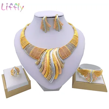 Liffly New Indian Jewelry Sets Multicolor The Big Wedding Crystal Dubai Gold Jewelry Sets for Women naszyjnik kolczyki