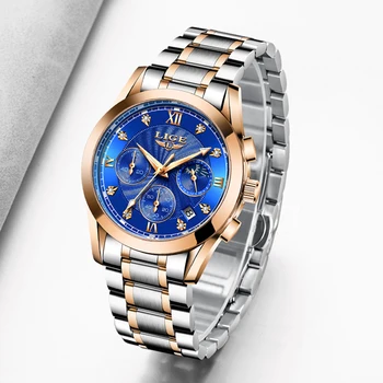 LIGE 2020 nowe złote zegarki damskie zegarki damskie twórcze stalowe zegarek damski bransoletka kobiece wodoodporny zegarek Relogio Feminino