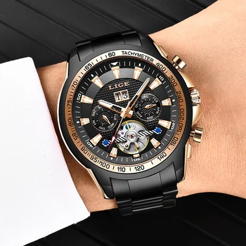 LIGE Fashion 100 metrów wodoodporne świecące automatyczne zegarki mechaniczne dla mężczyzn Top Brand Luxury Tourbillon Business Men Watch