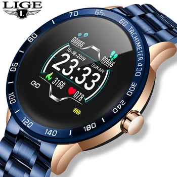 LIGE New steel Blue smart watch men leather smart watch sport For iPhone Heart rate blood pressure Fitness tracker smartwatch