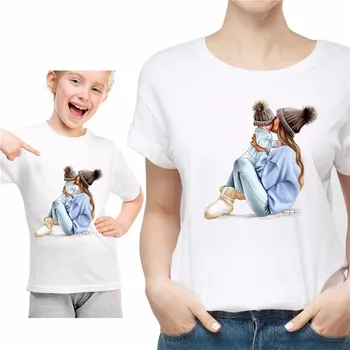LILIGIRL White Mommy and Me T-Shirt for Family Matching Clothes Cartoon Print Mother Daughter Shirt Tops Woman Girls Clothing