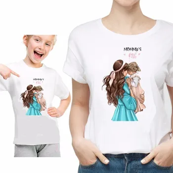 LILIGIRL White Mommy and Me T-Shirt for Family Matching Clothes Cartoon Print Mother Daughter Shirt Tops Woman Girls Clothing