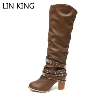LIN KING rocznika nity Damskie buty moda rhinestone klamra długie buty duże rozmiary damskie kwadratowy pięty kolana wysokie buty motocyklowe