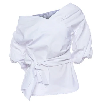 Litery drukowane owinąć kimono bandaż bluzka kobiety V-neck przycisku lampa rękaw białe koszule biurowe fashion Lady 2XL Blusas M0294