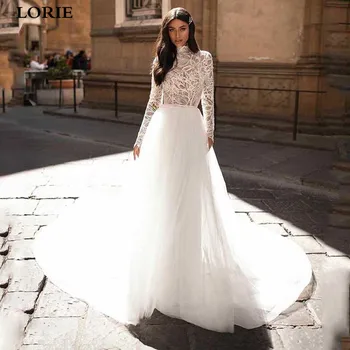LORIE A Line muzułmańskie suknie ślubne z długim rękawem koronki wysokiej szyi Boho suknia Vestidos de novia
