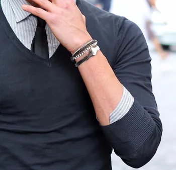LOULEUR punk czarny brązowy moda wielowarstwowe bransoletki z naturalnej skóry dla mężczyzn biżuteria ze stali nierdzewnej owinąć linkę bransoletki prezent
