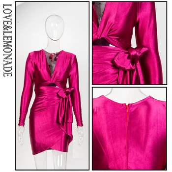 LOVE&LEMONADE głęboki dekolt różowo-czerwony dekolt ramię nakładka Slim-Fit sukienka LM81565
