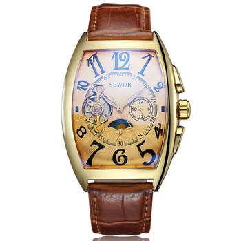 Luksusowe automatyczne zegarki męskie faza Księżyca szkielet retro автоподзавод zegarek męski złoty obudowa zegarki męskie skórzane zegarek relogio