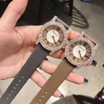 Luksusowe błyszczące kryształy damskie biżuteria zegarki eleganckie damy sukienkę zegarek wodoodporny pasek z prawdziwej skóry zegarek Kwarcowy
