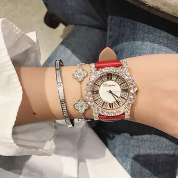 Luksusowe błyszczące kryształy damskie biżuteria zegarki eleganckie damy sukienkę zegarek wodoodporny pasek z prawdziwej skóry zegarek Kwarcowy