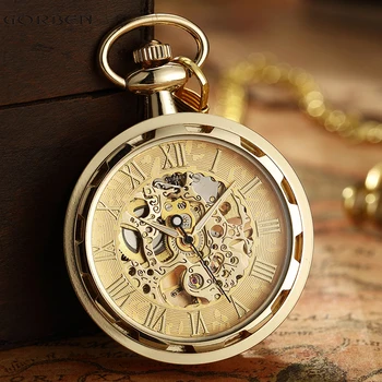 Luksusowe Zabytkowe Złote Cyfry Rzymskie Tarcza Mechaniczny Naciąg Ręczny Zegarek Moda Wyjątkowe Zegarki Dla Mężczyzn Kobiet Brelok Łańcuch
