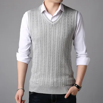 LUX ANGNER jesień nowe męskie swetry z V neck mężczyźni bez rękawów kamizelka w paski sweter mężczyźni koreański slim casual sweter odzież