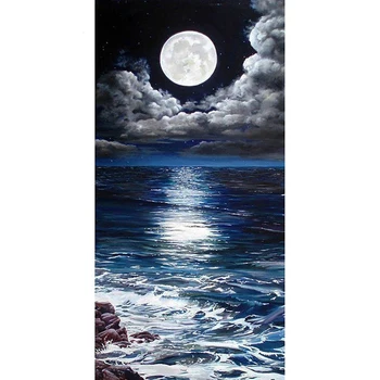 LZAIQIZG Diament malarstwo nowoczesne dekoracyjne krajobraz Księżyc morze pełna kwadrat malarstwo mozaika haft sypialnia dekoracje bez ramy