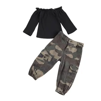 Ma&Baby 1-6Y jesień wiosna odzież Dziecięca dla dziewczynek zestaw maluch maluch falbany z ramienia bluzki codzienne Леопардовые spodnie stroje
