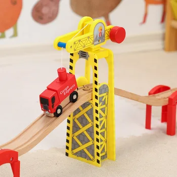 Magnetyczny drewniany dźwig dom kolejowe akcesoria drewniane pociągi zabawki DIY zabawki edukacyjne zgodne drewniane ścieżki drogowe prezenty dla dzieci