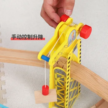 Magnetyczny drewniany dźwig dom kolejowe akcesoria drewniane pociągi zabawki DIY zabawki edukacyjne zgodne drewniane ścieżki drogowe prezenty dla dzieci