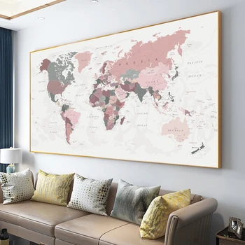 Mapa świata-plakat druku różowy kolor ściany sztuki płótno Duży rozmiar ścienny obraz do salonu Home Decor Cuadros bez ramki
