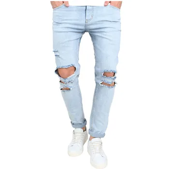 Marka man Knee big Hole jeans fashion 2017 new spring wash jasno - niebieskie spodnie jeansowe Męskie problematyczne podarte skinny jeans mężczyźni