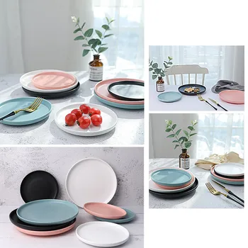 Matowy ceramiczny talerz stek danie na obiad podajnik sałatka danie do jedzenia fotografowanie tło studio dekoracji Fotografia