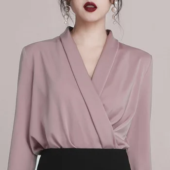 Max Stop Office Lady Fashion V-neck z długim rękawem Wrap Shirt Top High Waist A-line bez ramiączek Mini Skirt 2019 New Women 2-Pieces Sets Suits