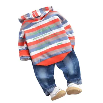 Mały sportowy strój jesień odzież Dziecięca komplety dzieci chłopcy moda firmowa odzież dla dzieci z kapturem, t-shirt boy jeans spodnie 2 szt kostiumy