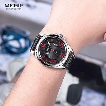 MEGIR męski prosty design cyfry rzymskie analogowy zegarek kwarcowy dla mężczyzn Skórzany pasek zegarek dla mężczyzn czerwone cyfry 1019G-1