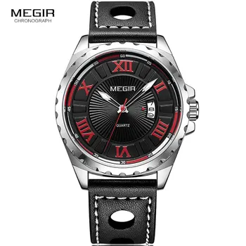 MEGIR męski prosty design cyfry rzymskie analogowy zegarek kwarcowy dla mężczyzn Skórzany pasek zegarek dla mężczyzn czerwone cyfry 1019G-1
