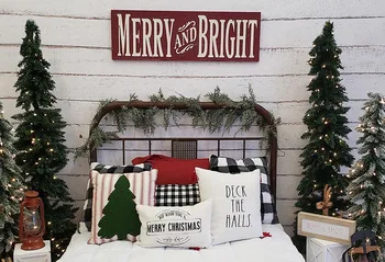 Mehofond Merry Christmas Photography Background zabawna i kolorowa choinka łóżko drewniane ściany фотофон tło studio fotograficzne