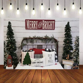 Mehofond Merry Christmas Photography Background zabawna i kolorowa choinka łóżko drewniane ściany фотофон tło studio fotograficzne