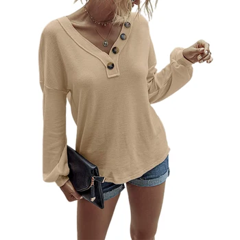 Meihuida 2020 2020 Jesień Zima Nowe Codzienne T-Shirty Dla Kobiet Z Długim Rękawem V Szyi Przycisk Temat Świąteczna Moda Sexy Bluzki