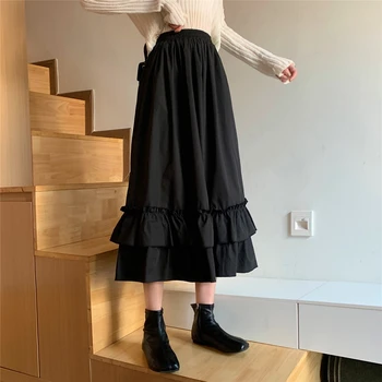 Midi długie spódnice damskie maxi spódnica Goth Lolita 2021 zima Wysoka Talia asymetryczny wysoki niski Plisowana falbanka czarne spódnice rock