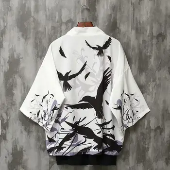 MISSKY Mężczyźni Kobiety sweter lato japoński ukiyo-Kai szlafrok latający ptak druku chiński styl krem retro płaszcz