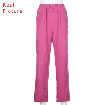 Missnight Pot Aksamitne Spodnie Damskie Proste Spodnie Wysoka Talia Stałe Różowe Spodnie Na Temat Elastyczne Meble Ubrania Vintage