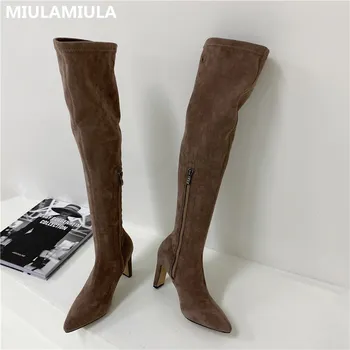 MIULAMIULA marka projektant rozmiar 35-42 2020 zimowe sexy wysokie szpilki zamszowe uda wysokie buty Socofy buty damskie ciepłe pluszowe skarpetki buty