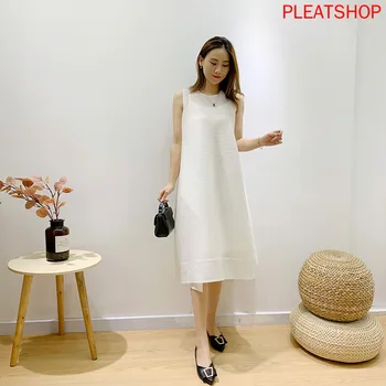 MIYAKE plisowane stałe sukienka jesień nowy bez rękawów, dół biały Vestido sukienki średniej długości Bajki fałdy Shein
