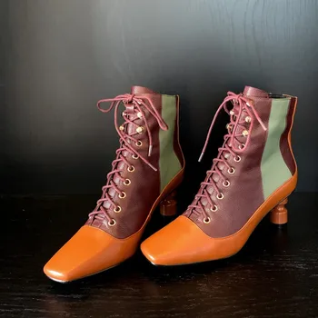 MLJUESE 2021 damskie miękkie botki ze skóry wołowej skóry sznurowane zimowe krótkie pluszowe kwadratowe skarpetki na wysokich obcasach damskie buty