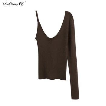 Mnealways18 Asymetryczna Fantazyjne Bluzka Dla Kobiet Z Długim Rękawem Z Dzianiny T-Shirt Brązowy Jesienny Tee Meble Ubrania Elegancki, Krótki Top