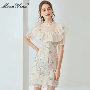 MoaaYina Fashion Designer dress letni kobieca sukienka z krótkim rękawem koronki kwiaty cekiny netto sukienki