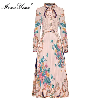 MoaaYina Fashion Designer dress wiosna jesień kobieca sukienka z długim rękawem łuk kołnierz koronki Perła print suknie
