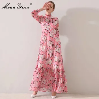 MoaaYina Fashion Designer dress wiosna lato kobieca sukienka z długim rękawem kwiatowy print Slim Maxi Dresses